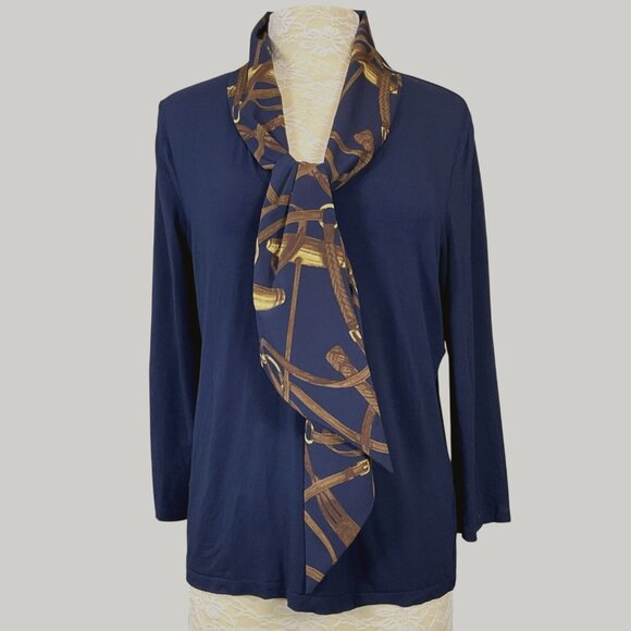 Lauren Ralph Lauren 3/4 Sleeve Navy V-Neck Attached Equestrian Scarf Knit Tee XL - Picture 1 of 7